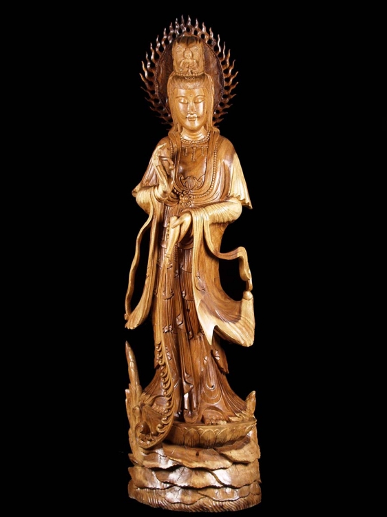 China Box-wood Hand Carved Buddhism Kwan-yin Guan Yin Boddhisattva Buddha Statue 