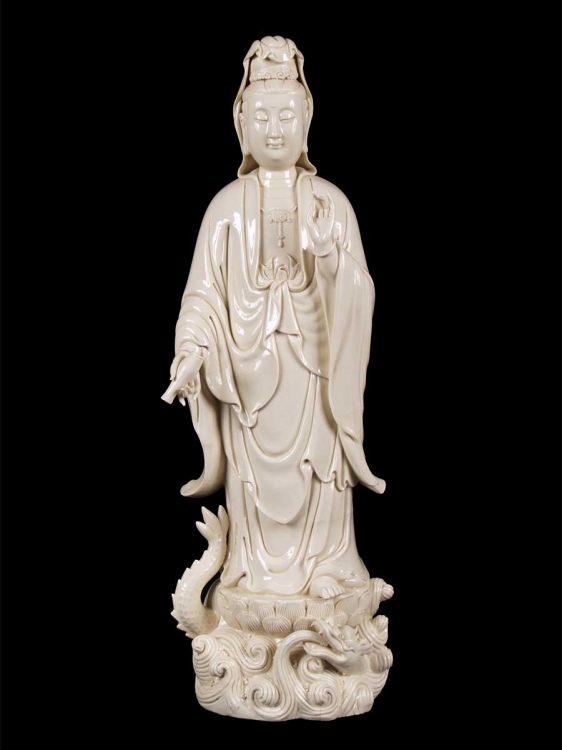 Kuan Yin Standing on Double Lotus Base with Dragon 25"